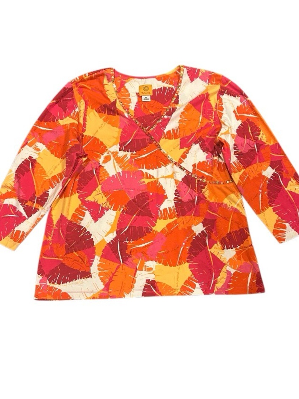 Ruby Road Leaf Print Wrap-Style Top in Orange & Pink